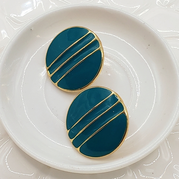 Round Teal Enamel Studs with 3 Vertical Gold Stripes - Picture 2 of 6
